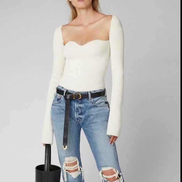 KHAITE Maddy Ivory Ribbed Sweetheart Neckline Top - Picture 8 of 9